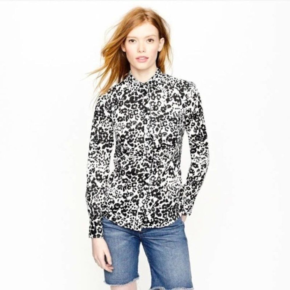 J Crew Boy Long Sleeve Black White Leopard Print Button Down Shirt